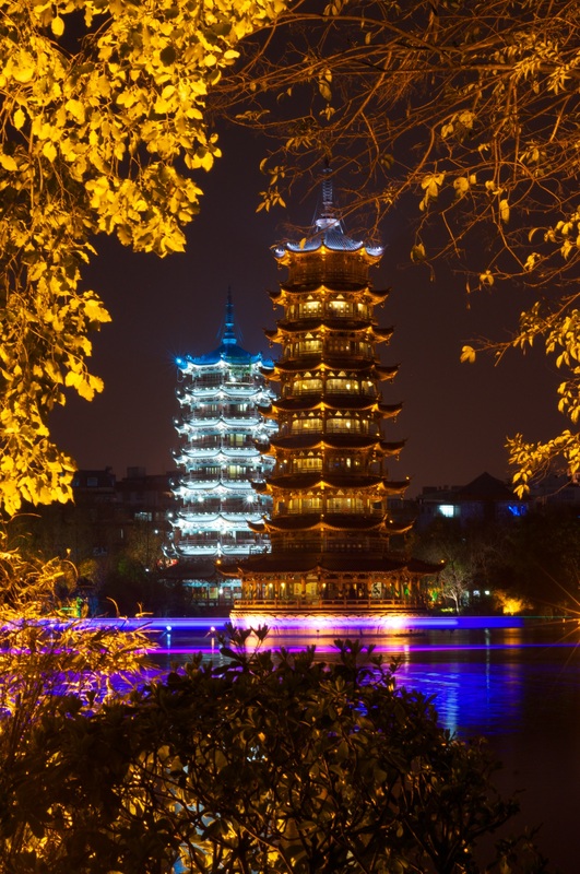 Guilin night photograph of the Sun and Moon Pagodas