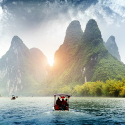 A picture of a bamboo raft on the Li River in Guilin